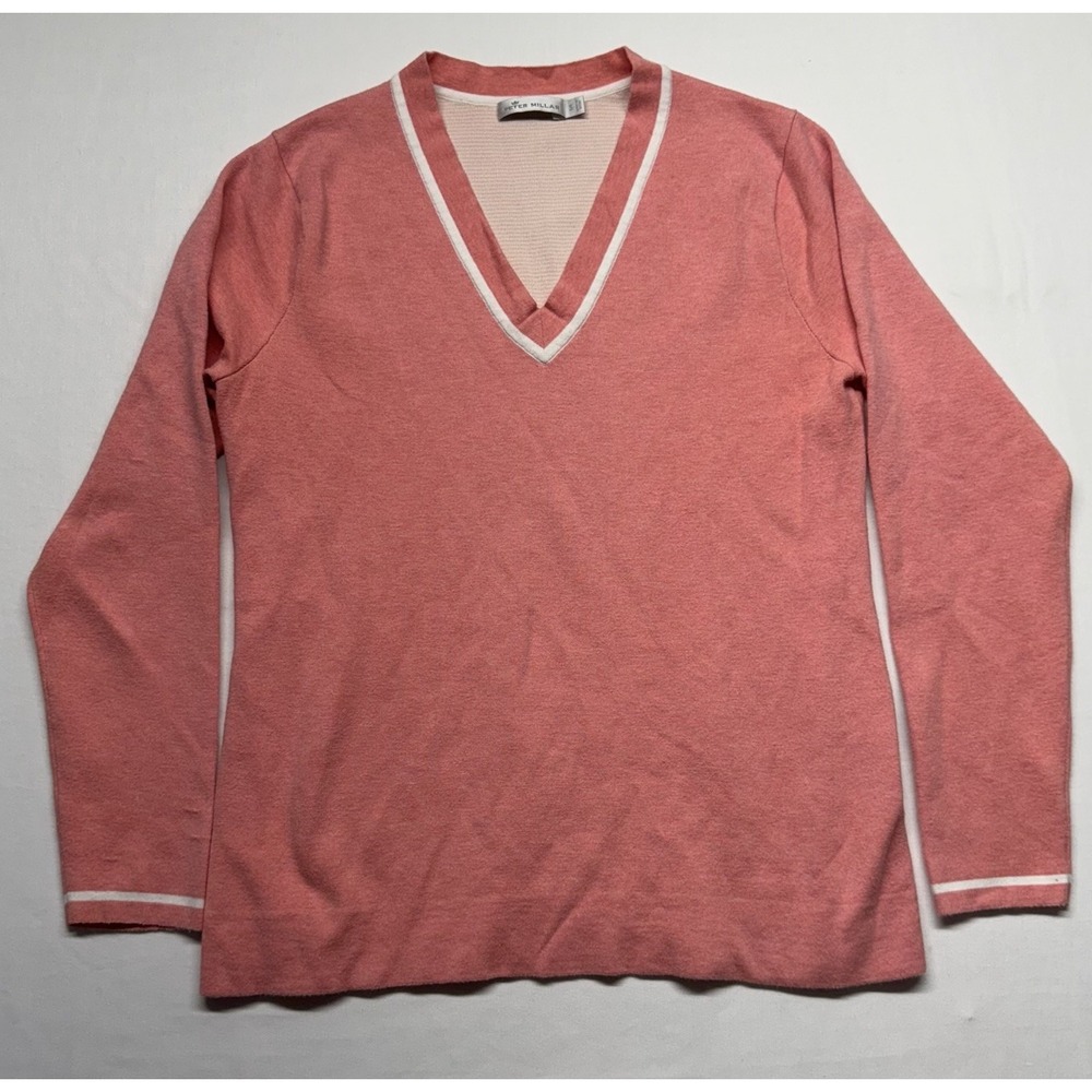 Peter Millar Sweater V-Neck Tipped Trim Small Coral Pink Womens Preppy Classic